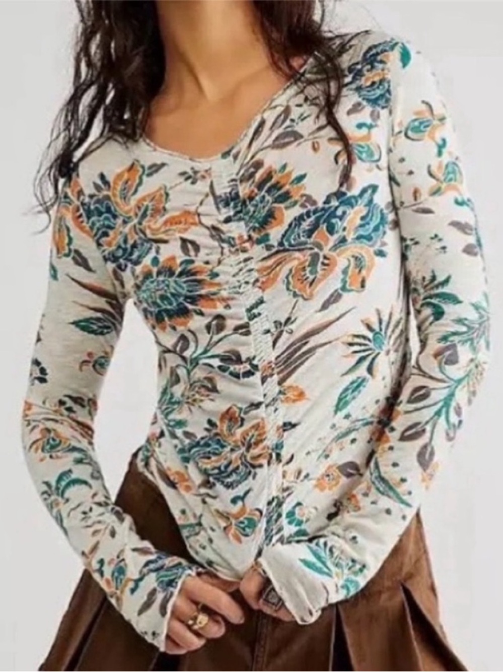 We The Free XLarge Top Dreamed of You Floral Ruched Top in Teal Combo NWT